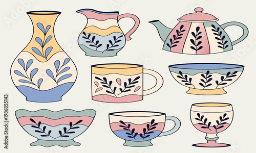 A charming collection of vintage ceramic teaware and vases is displayed featuring delicate floral patterns and pastel color schemes high quality professional detailed modern elegant stylish