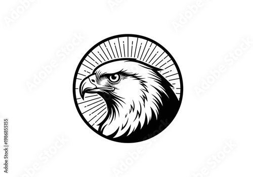 Vintage Eagle Head Logo Emblem with Sunburst Rays; Hand-Drawn Woodcut Style Bird of Prey Vector Illustration for Branding and Mascot Design