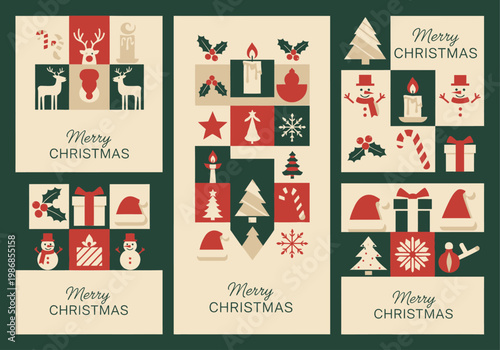 Set of Vintage Minimalist Merry Christmas Cards with Flat Design Festive Icons