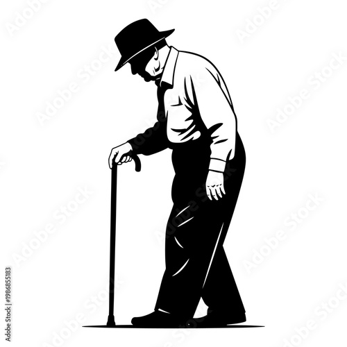 Senior elderly man walking with cane and wearing hat in black and white silhouette style