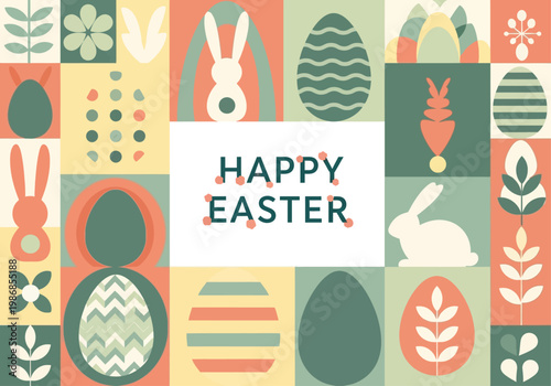 Happy Easter Greeting Card with Abstract Geometric Bunny and Egg Illustrations in Muted Pastel Colors, Retro Flat Style Vector Background
