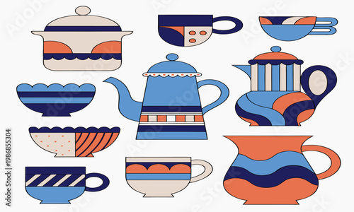 A colorful stylized illustration displays a collection of various teapots cups and serving dishes in a modern graphic design high quality professional detailed elegant stylish clean