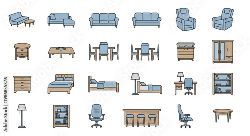 Collection of various furniture items for home and office use.