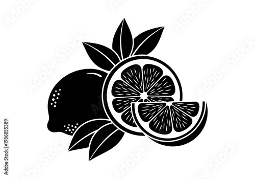 Black Silhouette Vector Icon of a Whole Lemon, Half Slice, and Wedge with Leaves Isolated on White Background