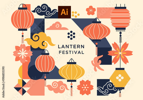 Lantern Festival Vector Background with Modern Geometric Chinese Elements, Traditional Paper Lanterns, Clouds, and Flowers in Flat Design Style