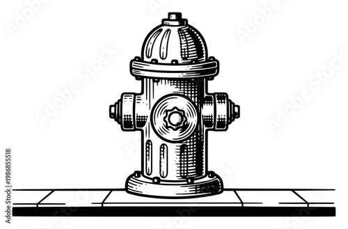 Fire hydrant on city sidewalk in classic hand drawn engraving style