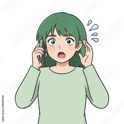 Shocked Woman on Phone Vector Illustration, Surprised Emotion with Sweat Drops