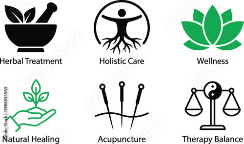 Collection of black and green wellness and alternative medicine icons