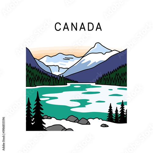 Stylized Canadian Mountain Landscape with Turquoise Lake