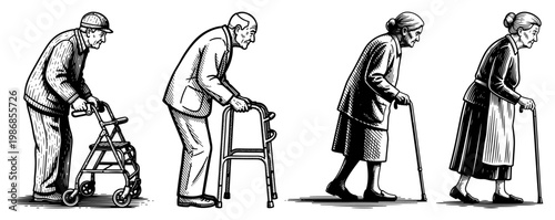 Senior people walking with mobility aids walker and cane in vintage hand drawn engraving style
