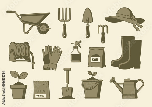 Gardening Tools and Equipment Illustration Set - Flat Vector Icons for Landscaping and Horticulture in Earth Tones