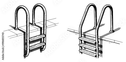 Swimming pool steps and stainless steel ladder in isometric hand drawn engraving style