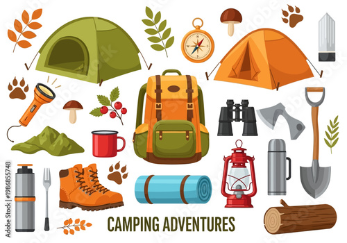 Camping Gear and Hiking Equipment Flat Vector Illustration Set. Outdoor Adventure Tools and Icons Isolated on White Background.