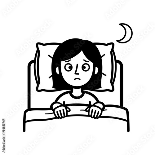 Woman Lying in Bed with Insomnia and Anxiety Vector Illustration