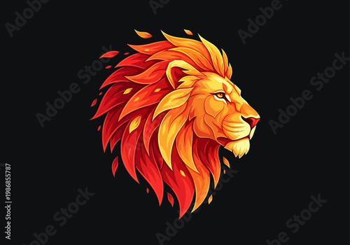 Fire Lion Head Portrait Illustration, Majestic King of the Jungle Mane Symbol, Vector Style Animal Mascot Logo Graphic on Black Background