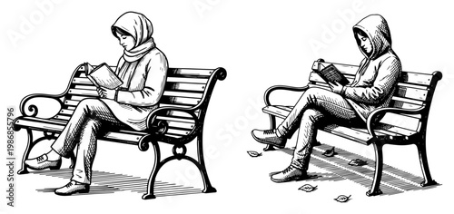 People sitting on park benches and reading books in vintage hand drawn engraving style