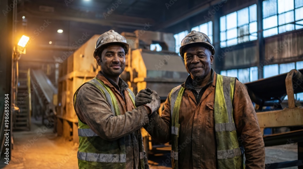 Fototapeta premium Two diverse male factory workers in hard hats shaking hands in a large industrial setting.