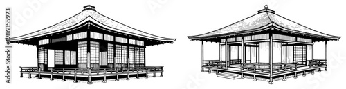 Traditional Japanese wooden pavilion architecture in vintage hand drawn engraving style