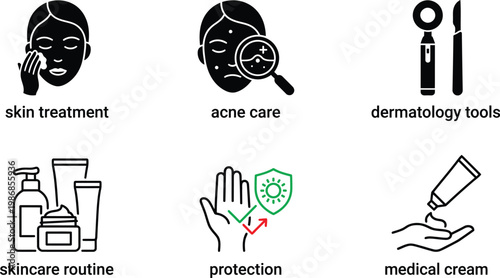 Dermatology and skincare icons representing treatments tools and protective measures