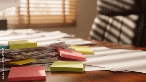 Chaotic Office Desk Corner Crumpled White Paper Balls Spilled Colorful Paperclips Soft Window Light Deadline Aftermath
