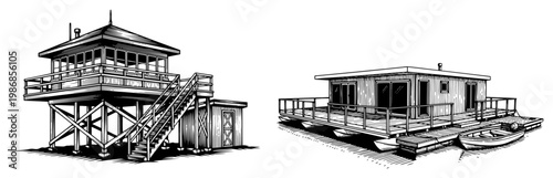Waterfront boathouse on stilts and floating house on pier in vintage engraving style