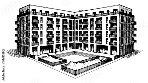 Modern apartment complex building with balconies and courtyard in isometric engraving style