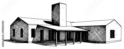 Modern house architecture with large chimney and porch in hand drawn engraving style