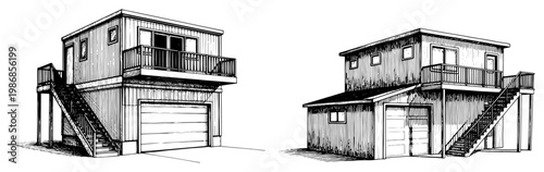 Modular garage building with upper floor balcony and stairs in hand drawn engraving style