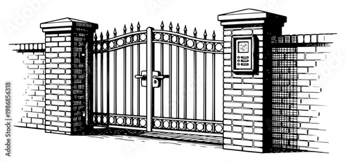 Ornate metal driveway gate with brick pillars and intercom system in vintage engraving style
