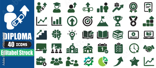 Set of forty diploma and achievement related icons with editable stroke style