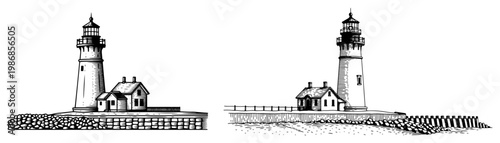 Lighthouse and coastal cottage on rocky shore in vintage engraving style