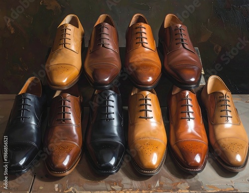 A collection of eight polished leather dress shoes in various colors