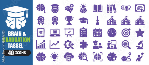 Set of forty graduation and brain related educational icons isolated on transparent background