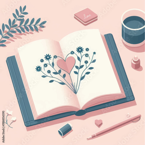 Soft Pink Aesthetic: Open Journal with Hand-Drawn Heart and Floral Design, Love, Writing, and Creativity Concept.