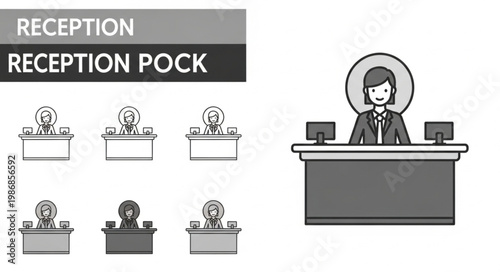 Receptionist at desk with computer and clients waiting.