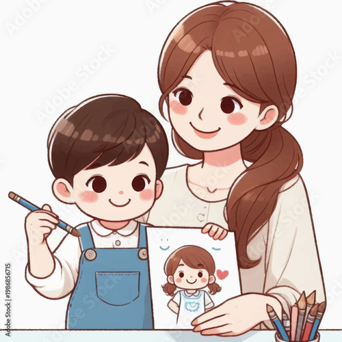 Cute Illustration of Mother and Son Drawing Art. Parent and Child Bonding Activity, Creativity, Learning, and Early Education Cartoon Vector.