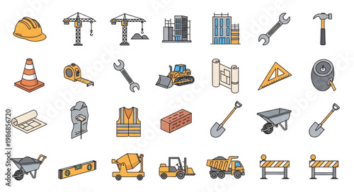 Construction tools and equipment icons set vector illustration.