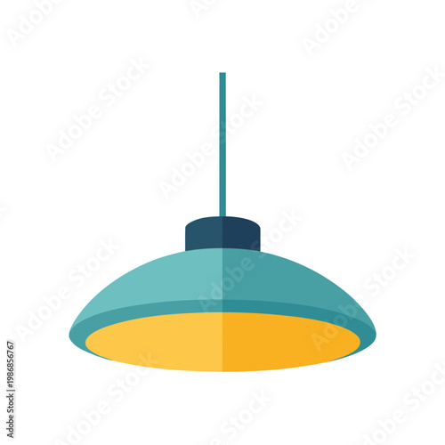 Modern hanging pendant lamp with blue shade and yellow glowing light isolated
