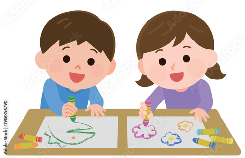 お絵描きをする楽しそうな男の子と女の子　イラスト