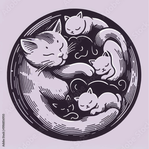 Mother Cat and Kittens in Circular Vintage Woodcut Style Illustration. Family Emblem and Nurturing Love Logo Element.
