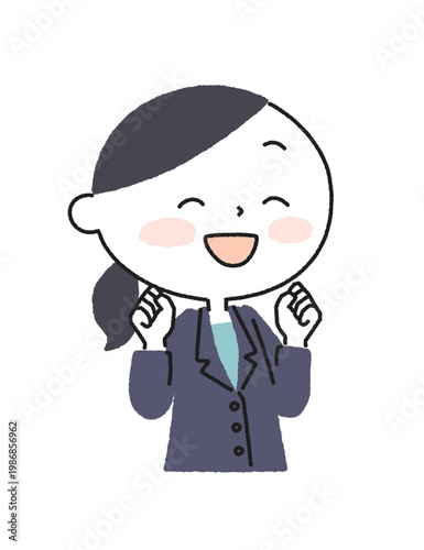 両手でガッツポーズをして喜ぶスーツの女性