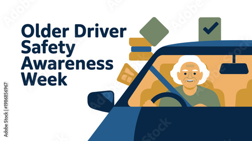 An elderly driver sits safely in a car during Older Driver Safety Awareness Week