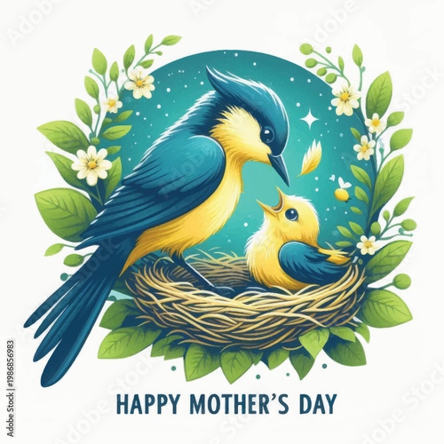 Happy Mother's Day Illustration: Blue Bird Feeding Chick in Nest Wreath, Symbolizing Maternal Love and Spring Care