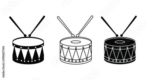 Drum set illustration with three black and white drums and drumsticks