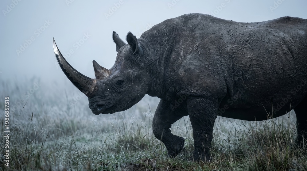 Obraz premium Black rhinoceros with blade horn emerging from mist dramatic wildlife fantasy concept