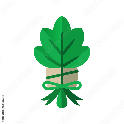 Bunch of fresh green leaves tied with light beige ribbon and bow isolated on gray background