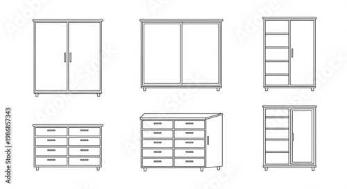 Collection of Wardrobe and Dresser Furniture Line Art Illustrations.