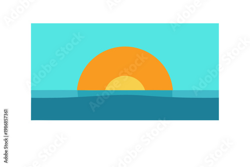 Minimalist sunset over ocean water vector illustration with blue and orange colors