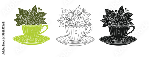Flower tea cup illustration set with green, black and white colors