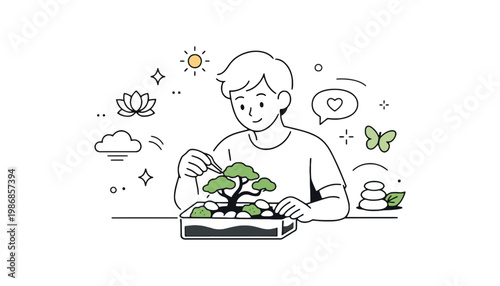 A man is tending to a bonsai tree in a serene setting.